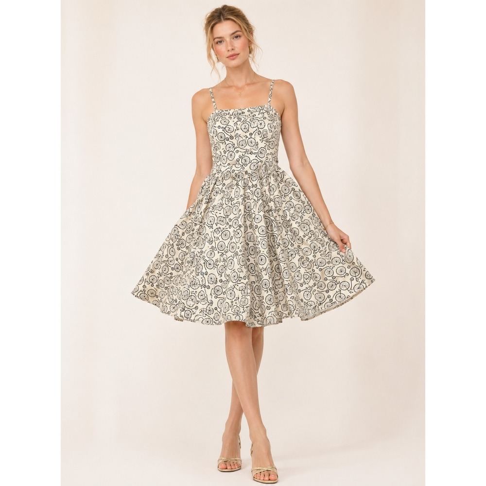 Eva Rose Bicycle Print Fit & Flare Dress White Black Novelty Retro Pinup 3785 S
